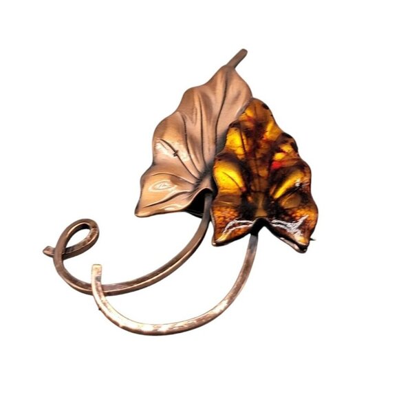 Matisse Renoir Brooch Large Vintage Signed Copper & Enamel Double Leaf Pin - Picture 3 of 10